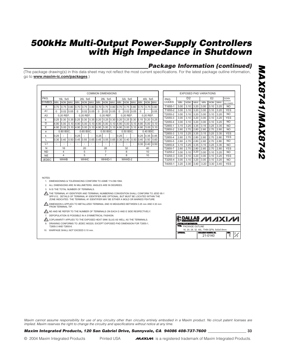 Package information (continued) | Rainbow Electronics MAX8742 User Manual | Page 33 / 33