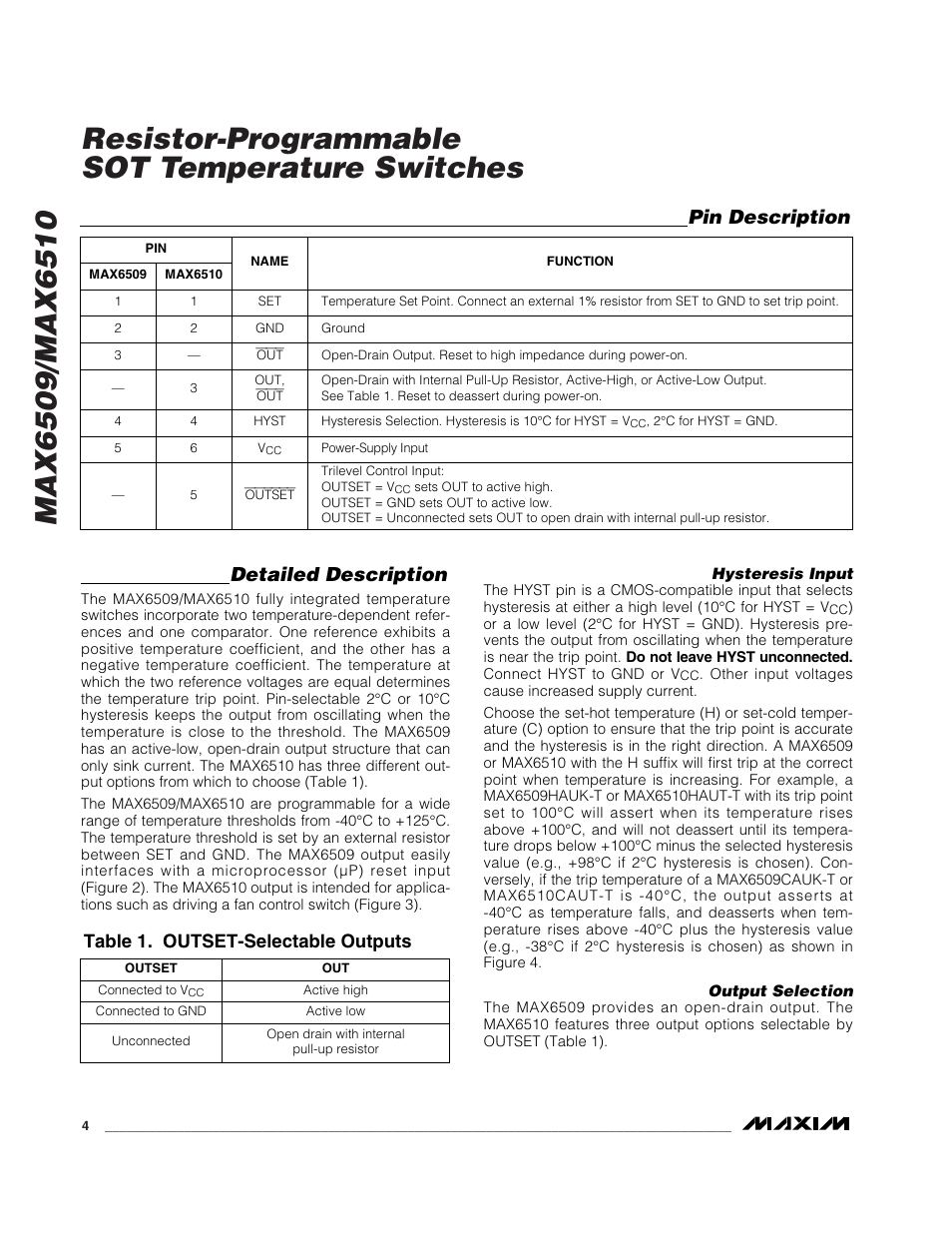 Pin description, Detailed description, Table 1. outset-selectable outputs | Rainbow Electronics MAX6510 User Manual | Page 4 / 8