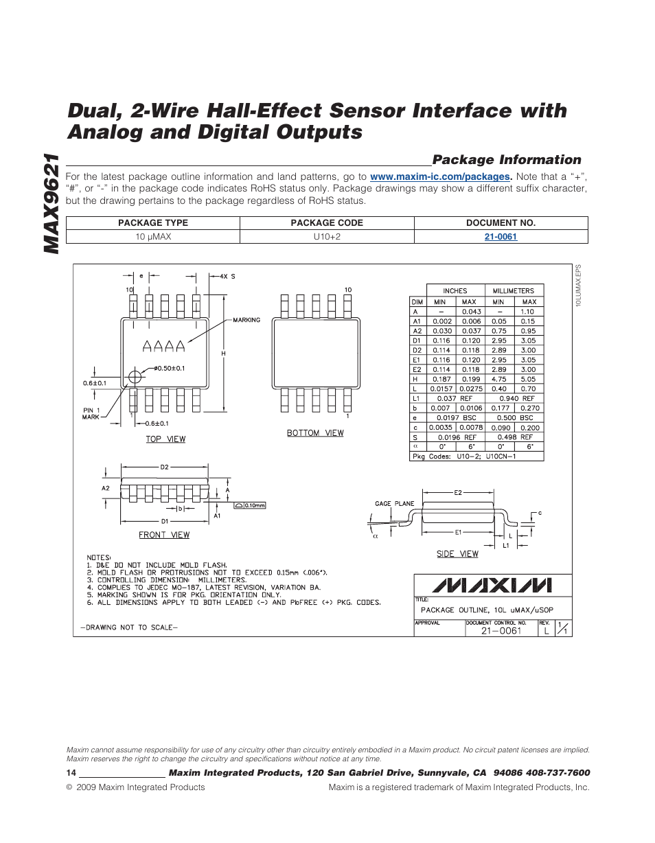 Package information | Rainbow Electronics MAX9621 User Manual | Page 14 / 14