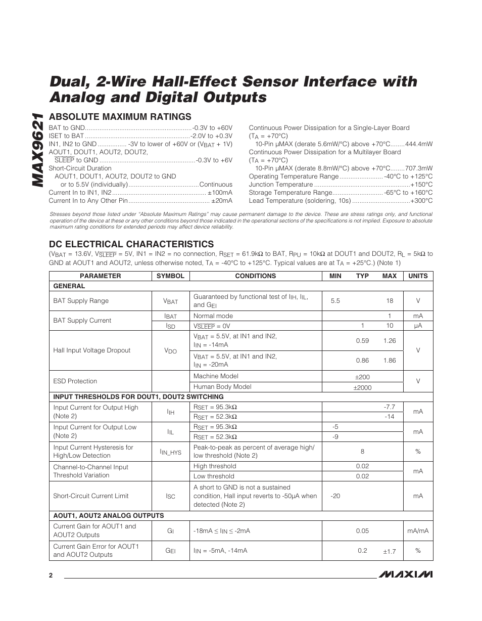 Dc electrical characteristics, Absolute maximum ratings | Rainbow Electronics MAX9621 User Manual | Page 2 / 14