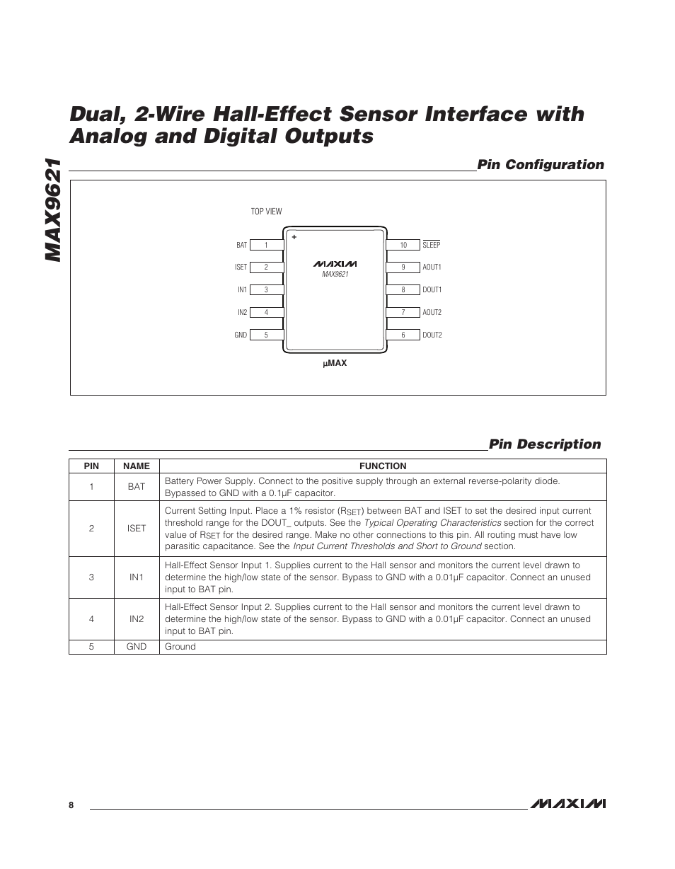 Pin description pin configuration | Rainbow Electronics MAX9621 User Manual | Page 8 / 14