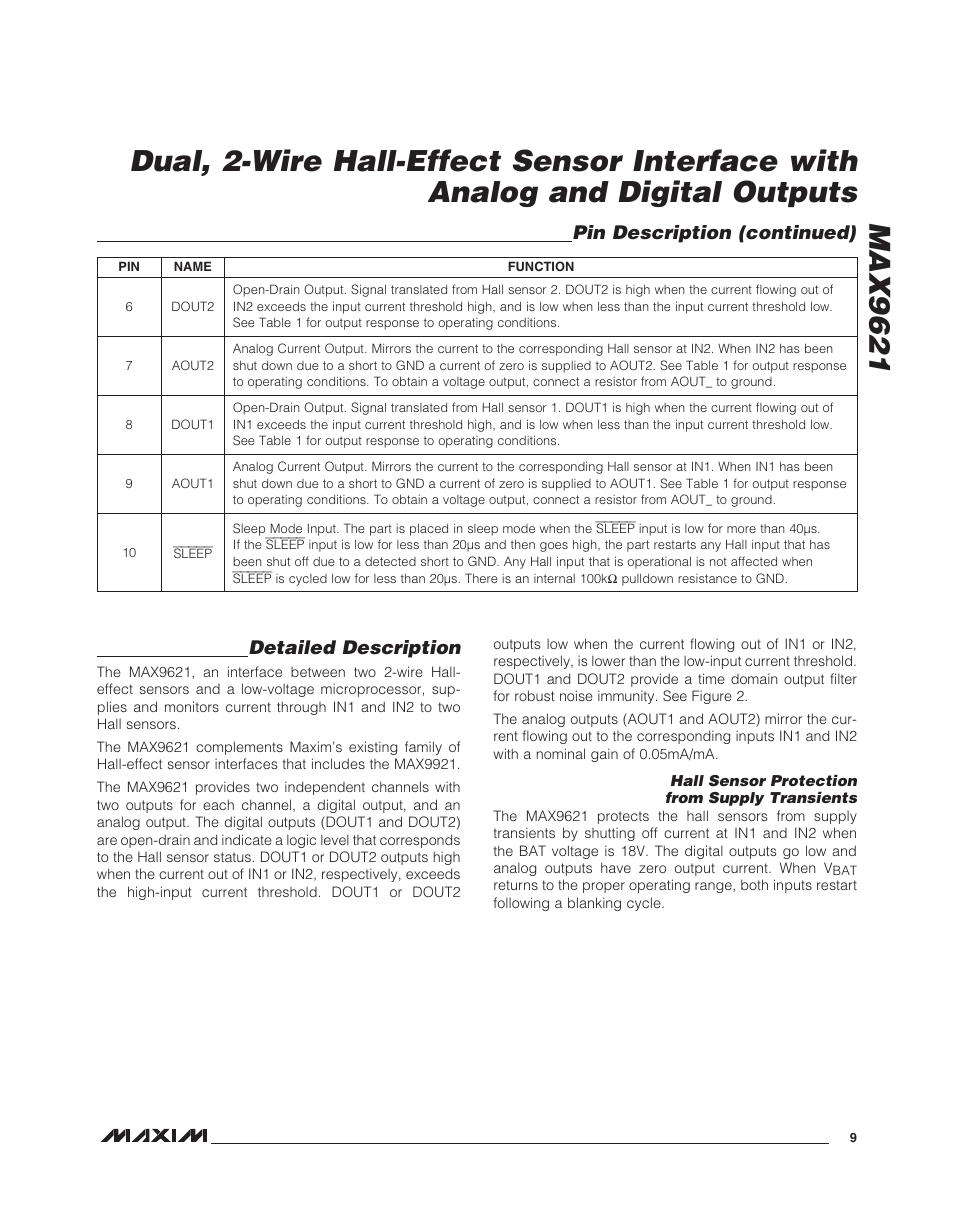 Detailed description, Pin description (continued) | Rainbow Electronics MAX9621 User Manual | Page 9 / 14