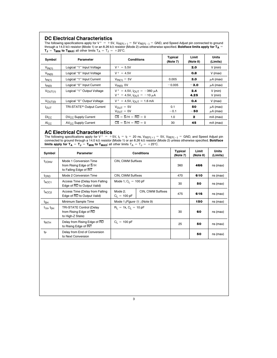 Dc electrical characteristics, Ac electrical characteristics | Rainbow Electronics ADC10664 User Manual | Page 3 / 16