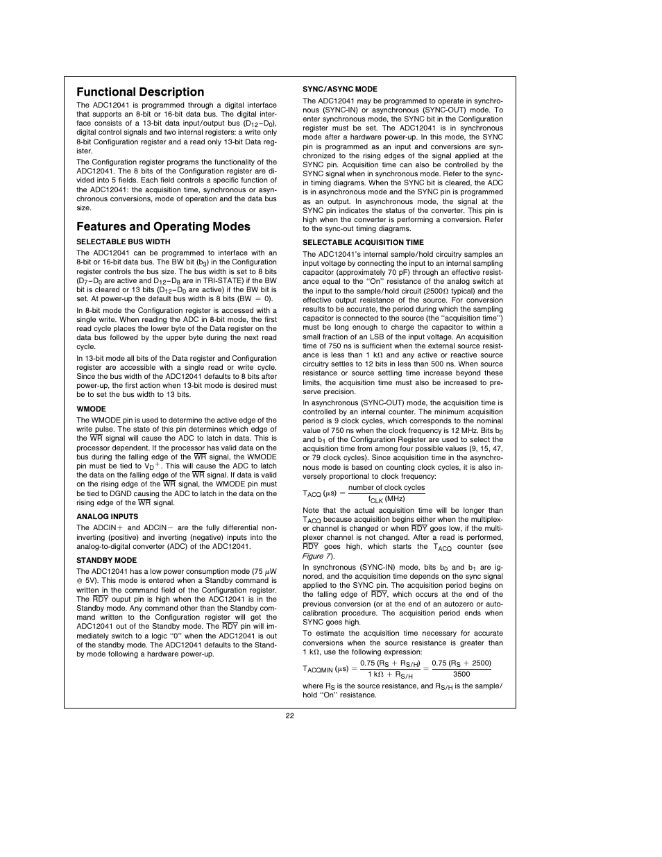 Functional description, Features and operating modes | Rainbow Electronics ADC12041 User Manual | Page 22 / 30