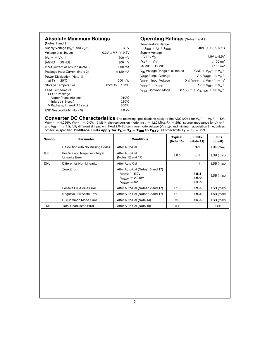 Absolute maximum ratings, Operating ratings, Converter dc characteristics | Rainbow Electronics ADC12041 User Manual | Page 3 / 30