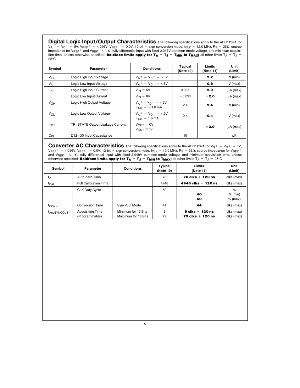 Digital logic input output characteristics, Converter ac characteristics | Rainbow Electronics ADC12041 User Manual | Page 5 / 30