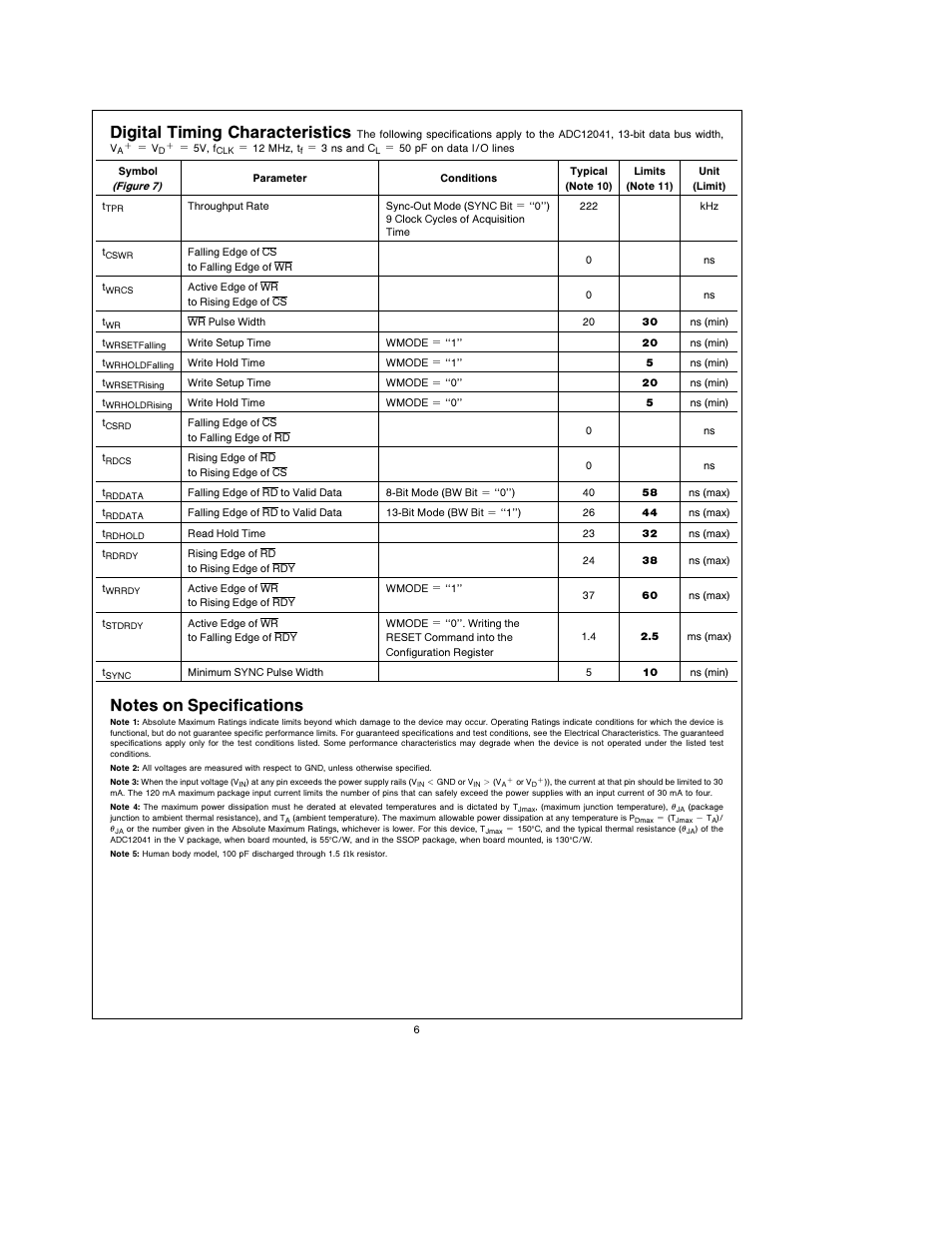 Digital timing characteristics | Rainbow Electronics ADC12041 User Manual | Page 6 / 30