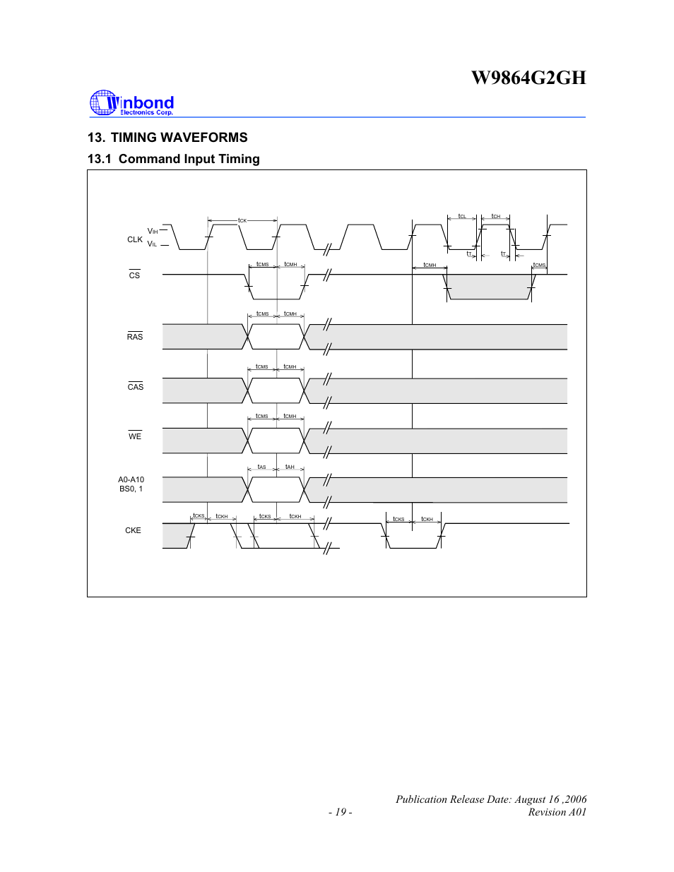 Timing waveforms, 1 command input timing | Rainbow Electronics W9864G2GH User Manual | Page 19 / 48