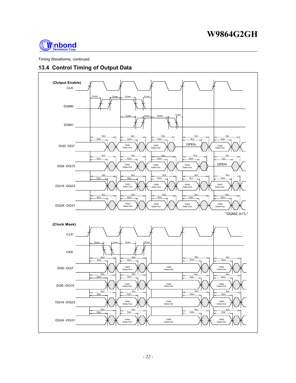 4 control timing of output data, Timing waveforms, continued | Rainbow Electronics W9864G2GH User Manual | Page 22 / 48