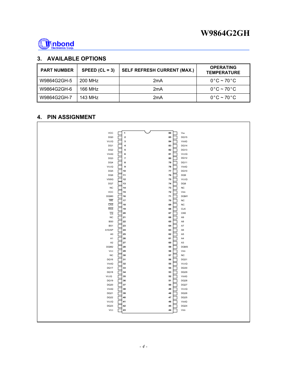 Available options, Pin assignment | Rainbow Electronics W9864G2GH User Manual | Page 4 / 48