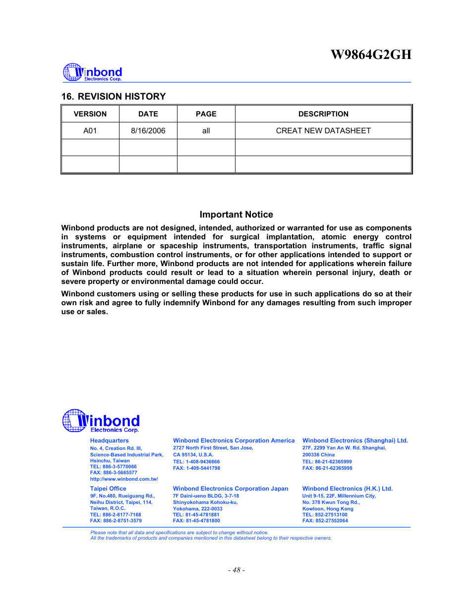 Revision history, Important notice | Rainbow Electronics W9864G2GH User Manual | Page 48 / 48