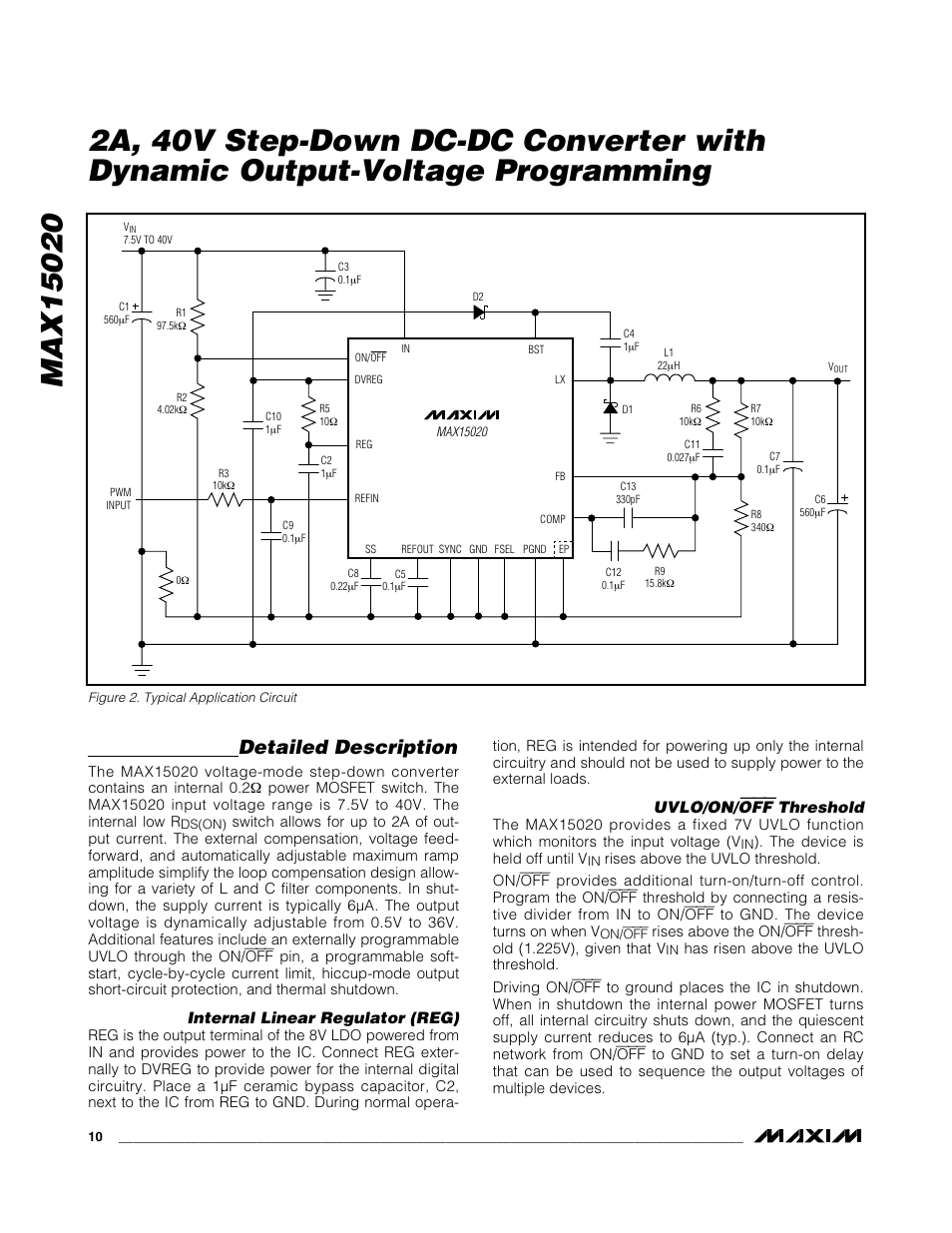 Detailed description, Internal linear regulator (reg), Uvlo/on/ off threshold | Rainbow Electronics MAX15020 User Manual | Page 10 / 19