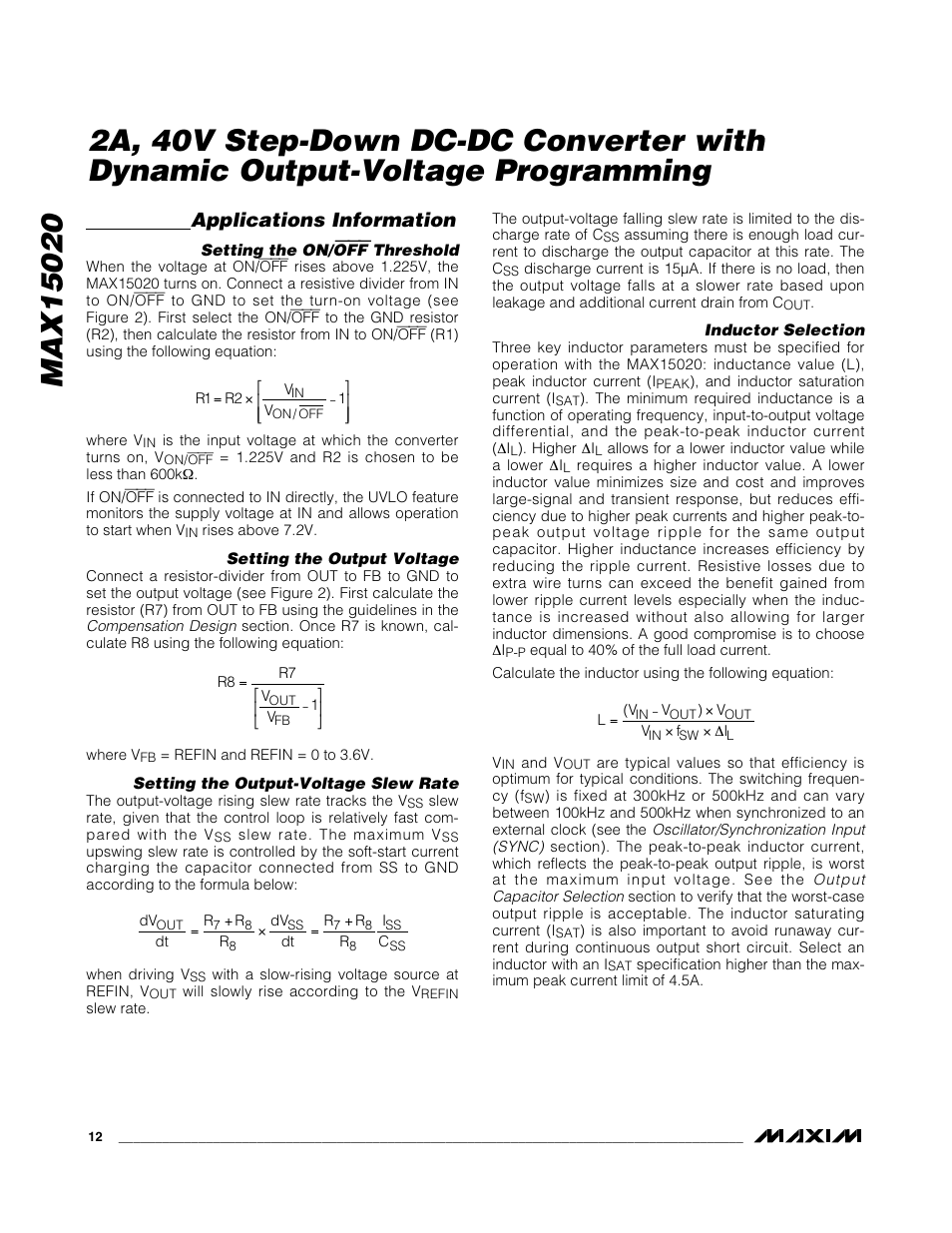 Applications information | Rainbow Electronics MAX15020 User Manual | Page 12 / 19