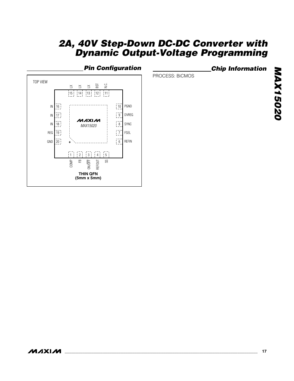 Pin configuration chip information | Rainbow Electronics MAX15020 User Manual | Page 17 / 19