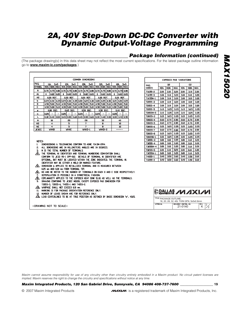 Package information (continued) | Rainbow Electronics MAX15020 User Manual | Page 19 / 19