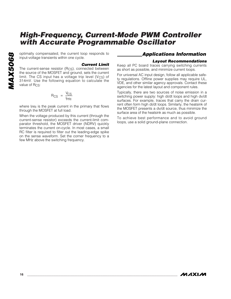 Max5068, Applications information | Rainbow Electronics MAX5068 User Manual | Page 16 / 20