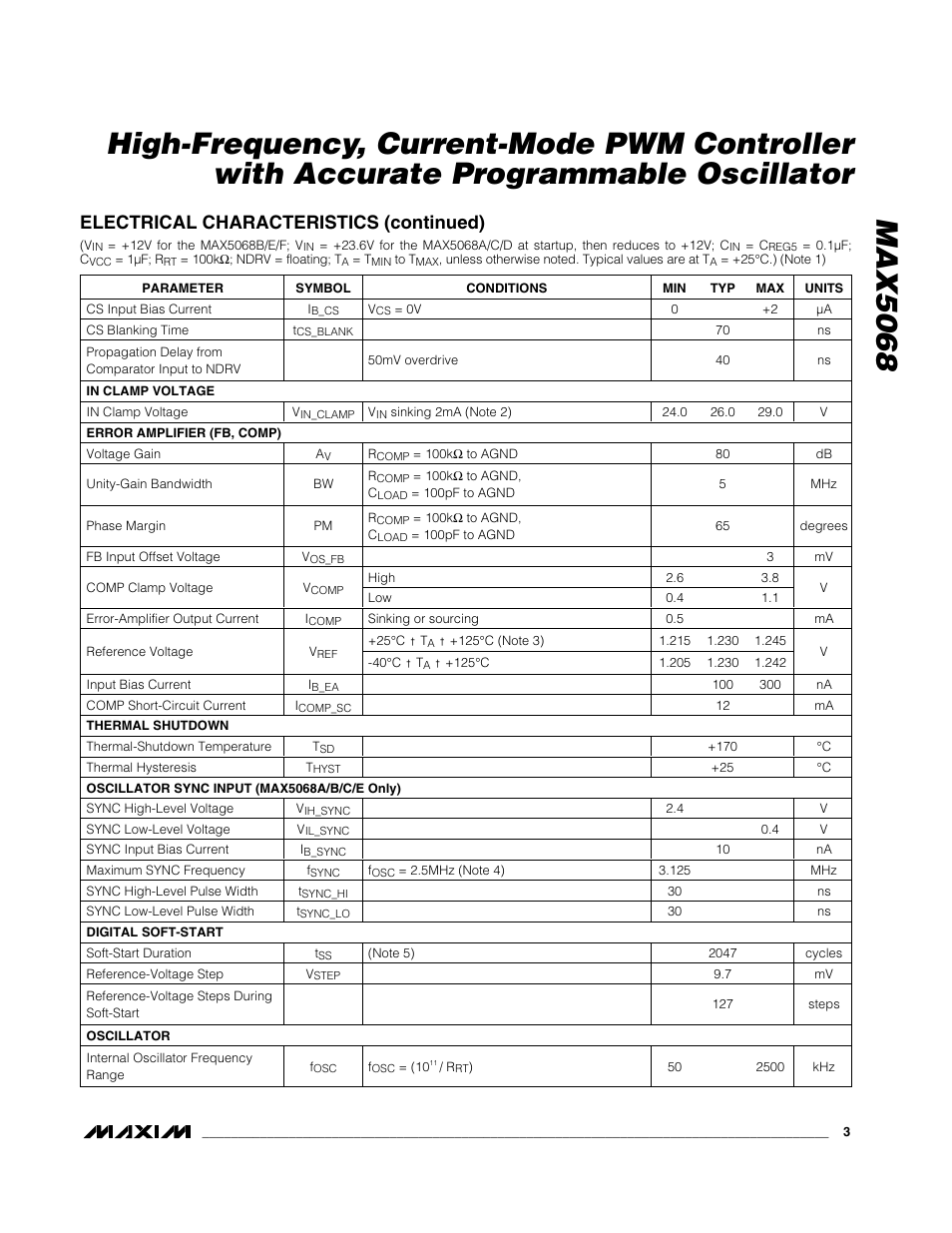 Electrical characteristics (continued) | Rainbow Electronics MAX5068 User Manual | Page 3 / 20