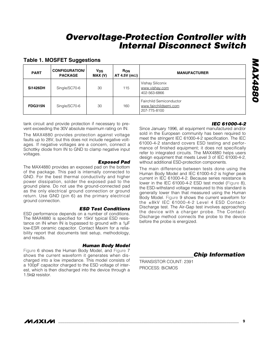 Chip information, Table 1. mosfet suggestions | Rainbow Electronics MAX4880 User Manual | Page 9 / 10