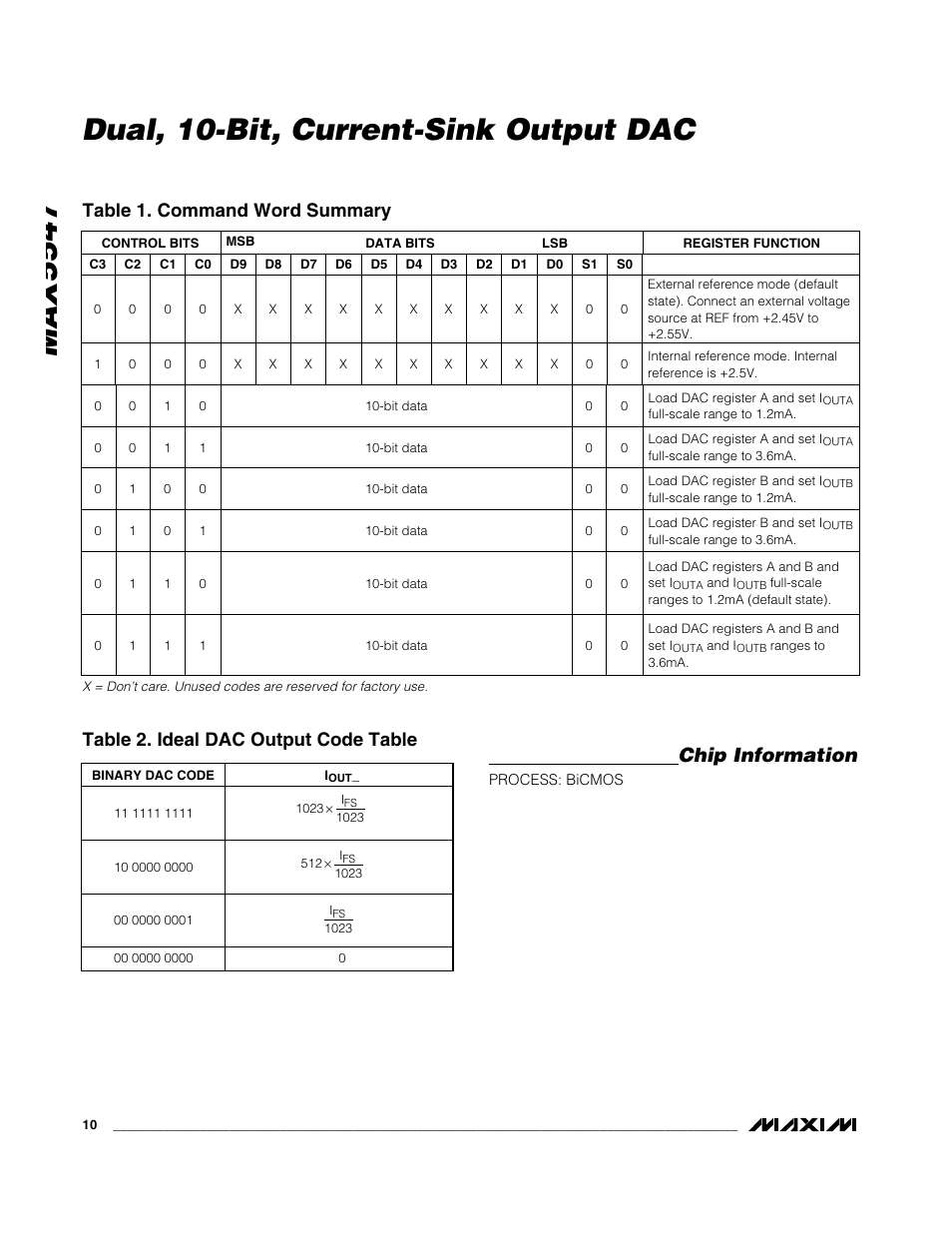 Chip information, Table 1. command word summary, Table 2. ideal dac output code table | Rainbow Electronics MAX5547 User Manual | Page 10 / 12