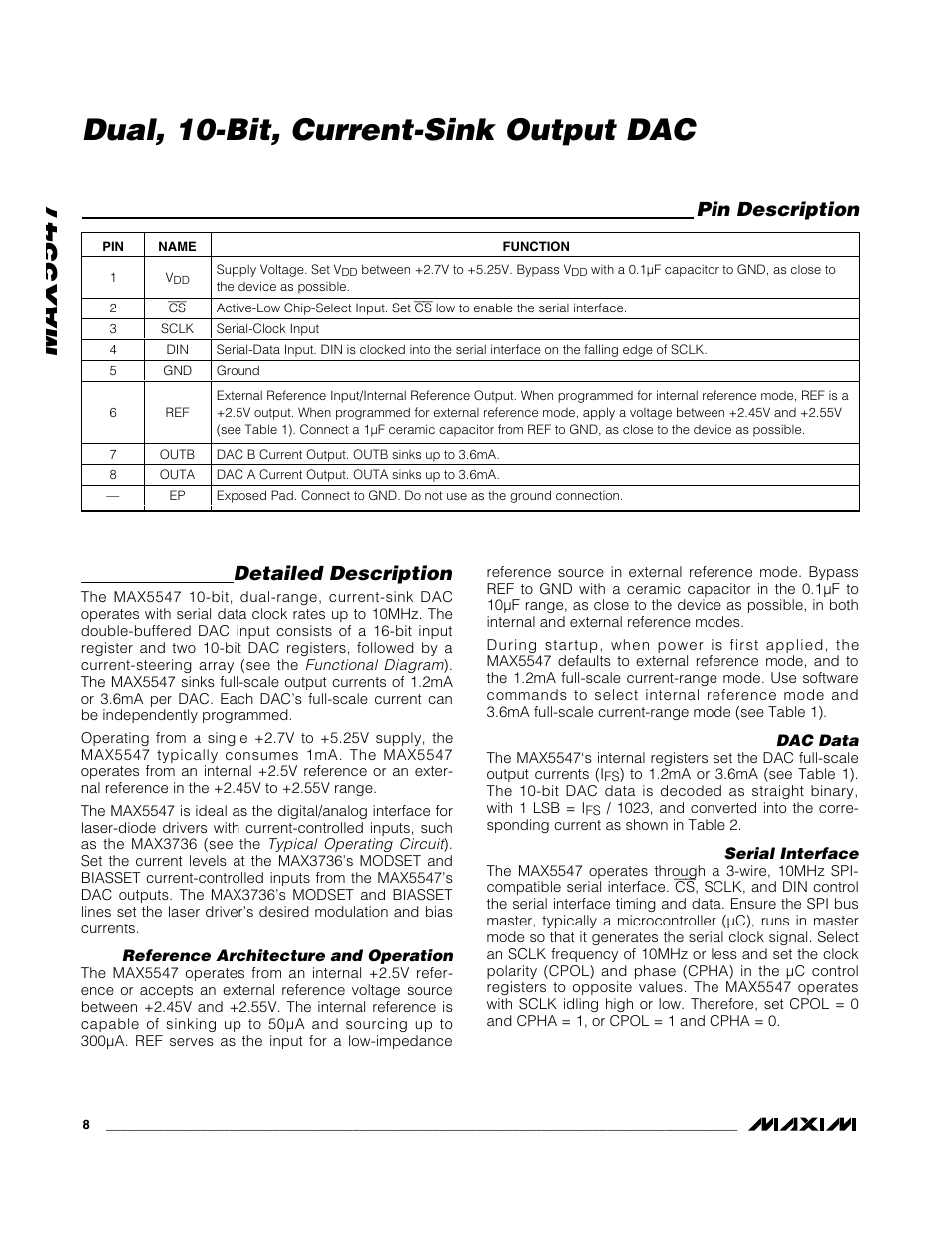 Max5547, Dual, 10-bit, current-sink output dac, Detailed description | Pin description | Rainbow Electronics MAX5547 User Manual | Page 8 / 12