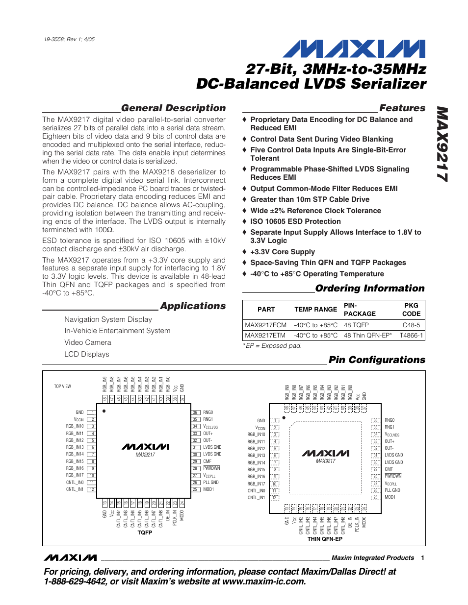 Rainbow Electronics MAX9217 User Manual | 16 pages