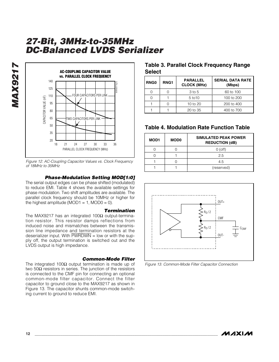 Table 3. parallel clock frequency range select, Table 4. modulation rate function table | Rainbow Electronics MAX9217 User Manual | Page 12 / 16