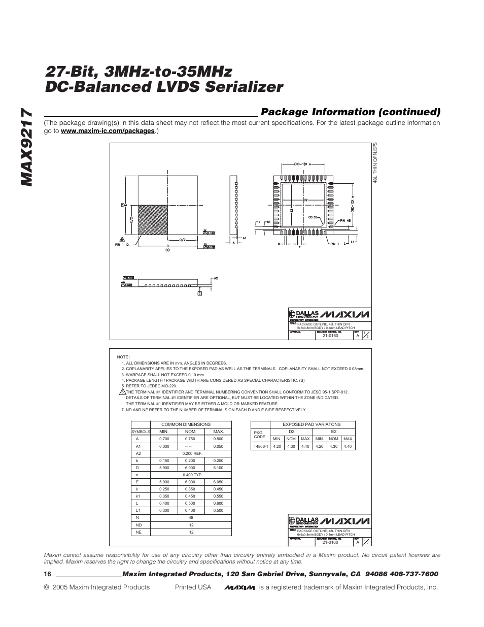 Package information (continued) | Rainbow Electronics MAX9217 User Manual | Page 16 / 16