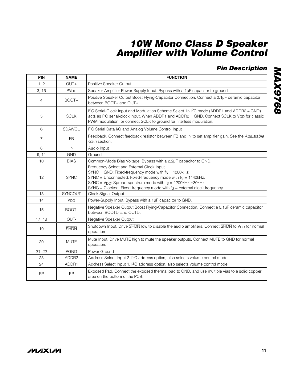 Pin description | Rainbow Electronics MAX9768 User Manual | Page 11 / 25