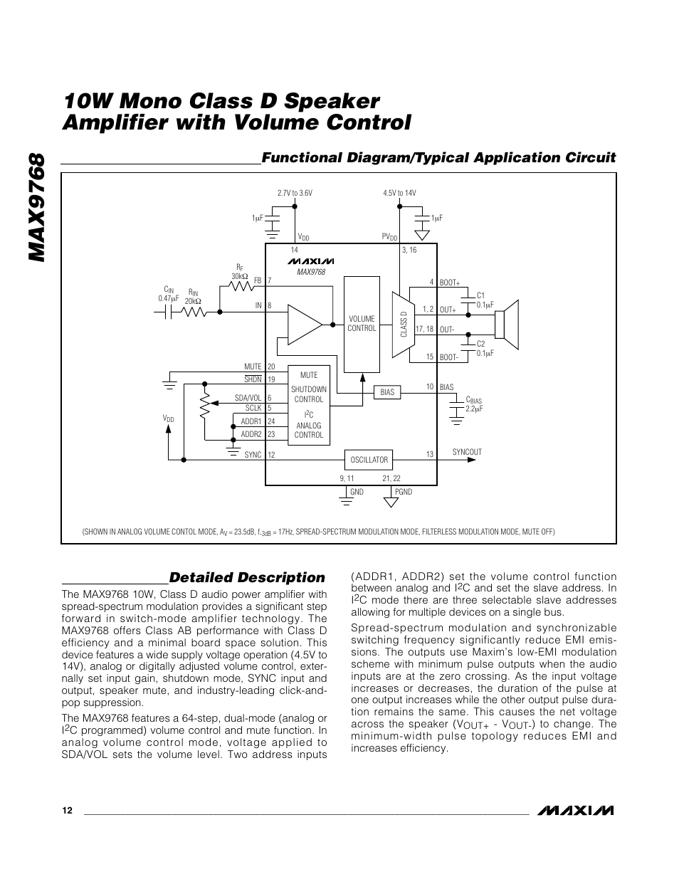 Detailed description, Functional diagram/typical application circuit | Rainbow Electronics MAX9768 User Manual | Page 12 / 25