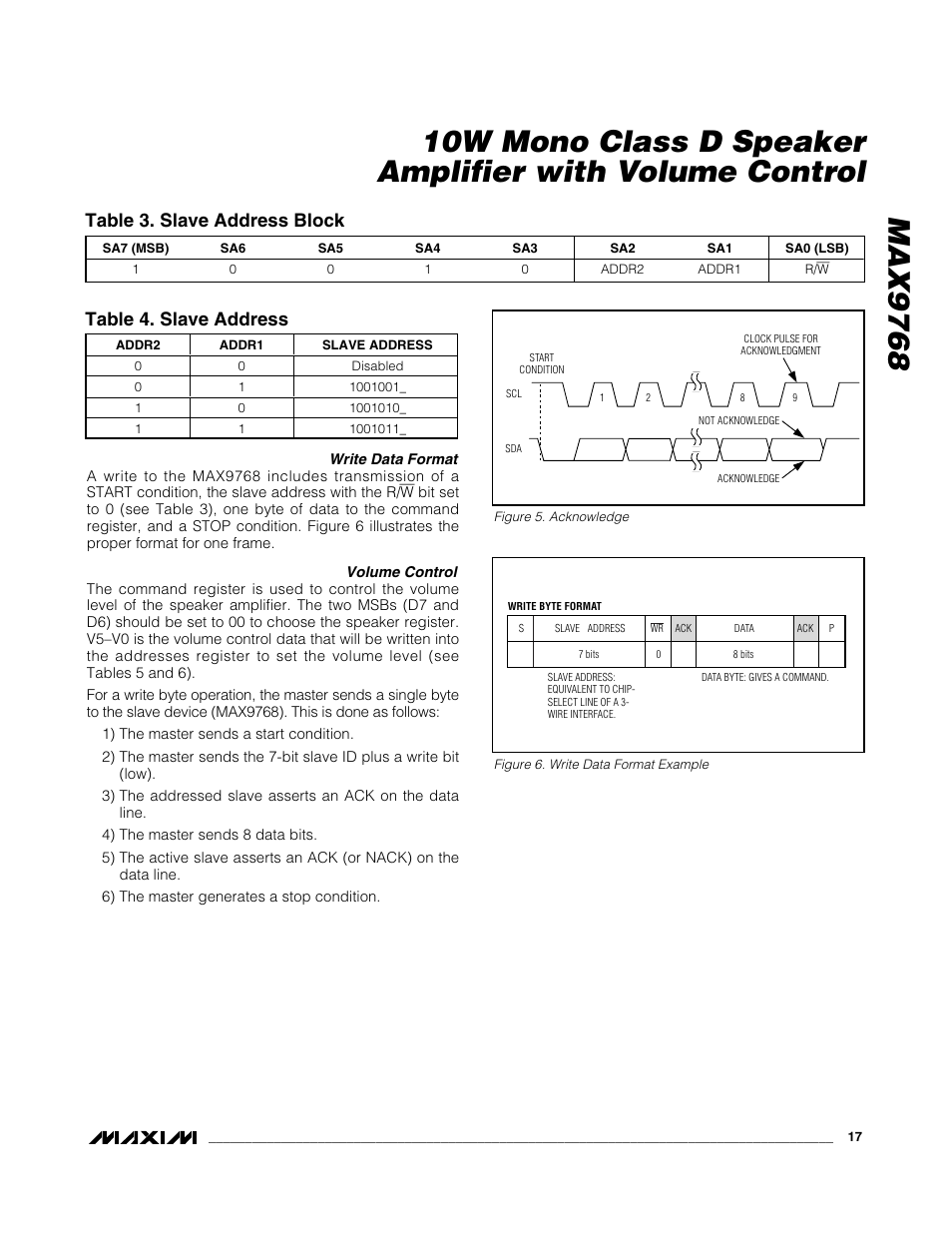 Table 3. slave address block, Table 4. slave address | Rainbow Electronics MAX9768 User Manual | Page 17 / 25