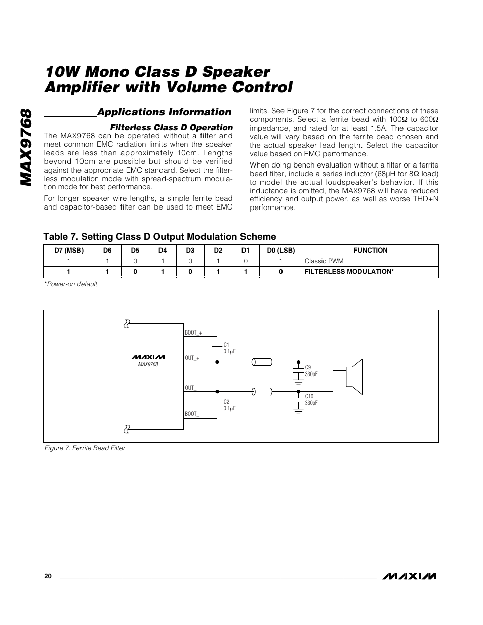 Applications information, Table 7. setting class d output modulation scheme | Rainbow Electronics MAX9768 User Manual | Page 20 / 25