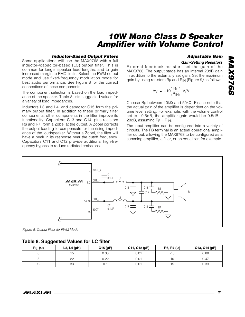 Table 8. suggested values for lc filter | Rainbow Electronics MAX9768 User Manual | Page 21 / 25