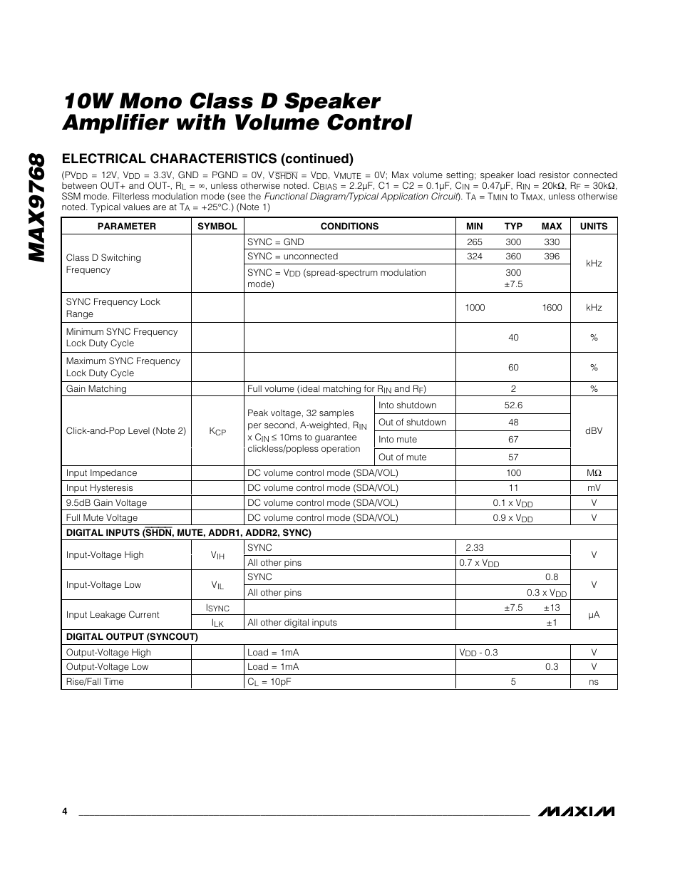 Electrical characteristics (continued) | Rainbow Electronics MAX9768 User Manual | Page 4 / 25