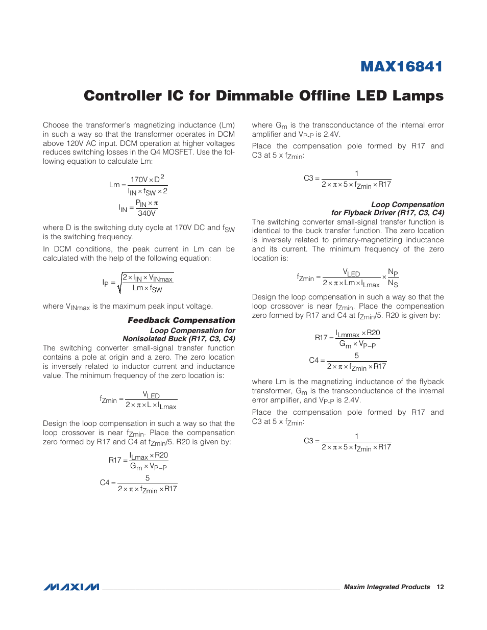 Feedback compensation, Loop compensation for flyback driver (r17, c3, c4) | Rainbow Electronics MAX16841 User Manual | Page 12 / 18