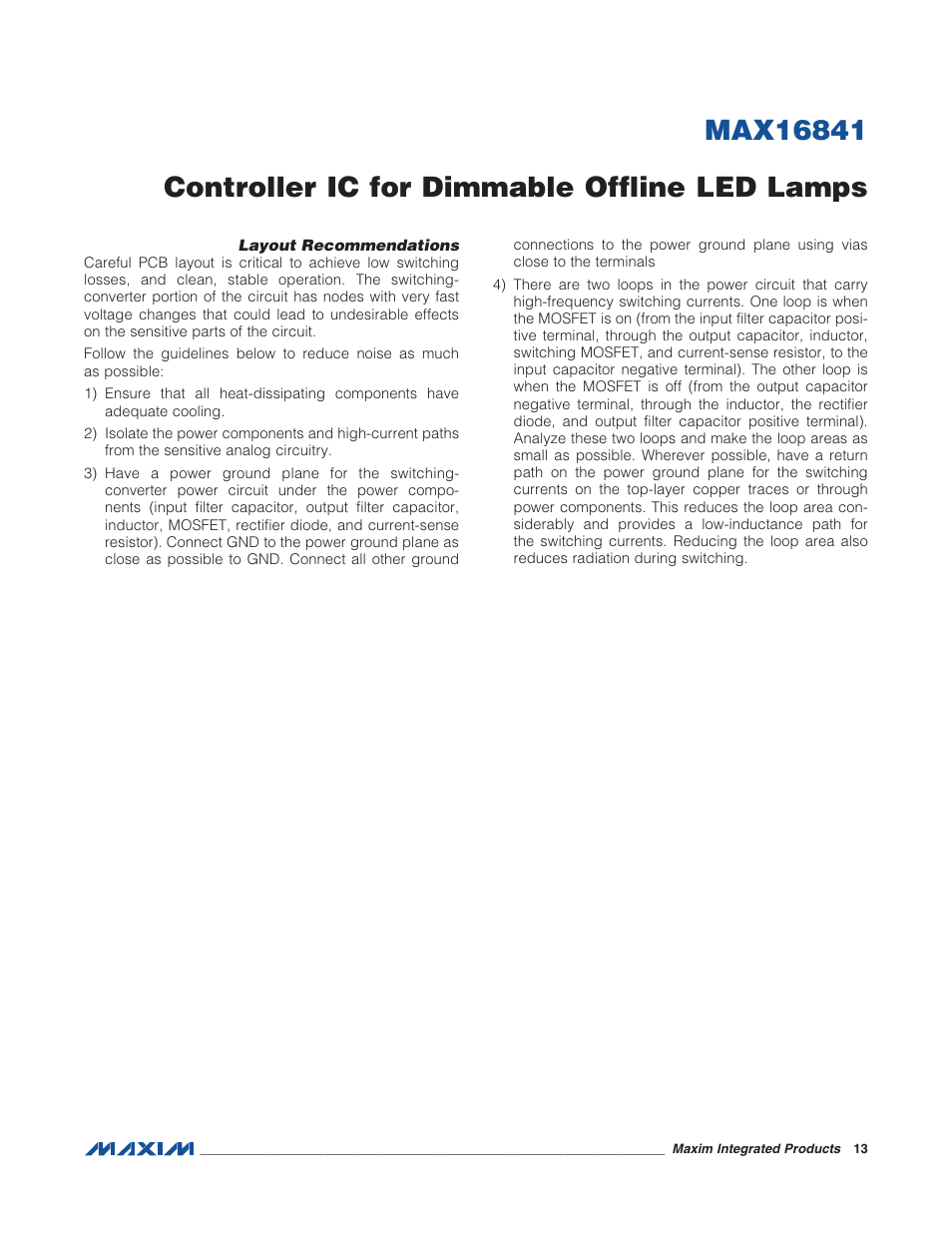 Layout recommendations | Rainbow Electronics MAX16841 User Manual | Page 13 / 18