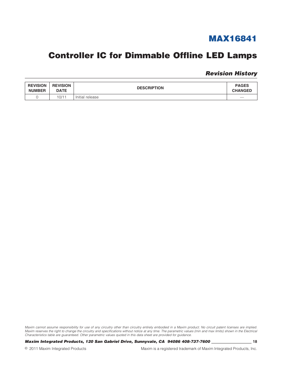 Revision history | Rainbow Electronics MAX16841 User Manual | Page 18 / 18
