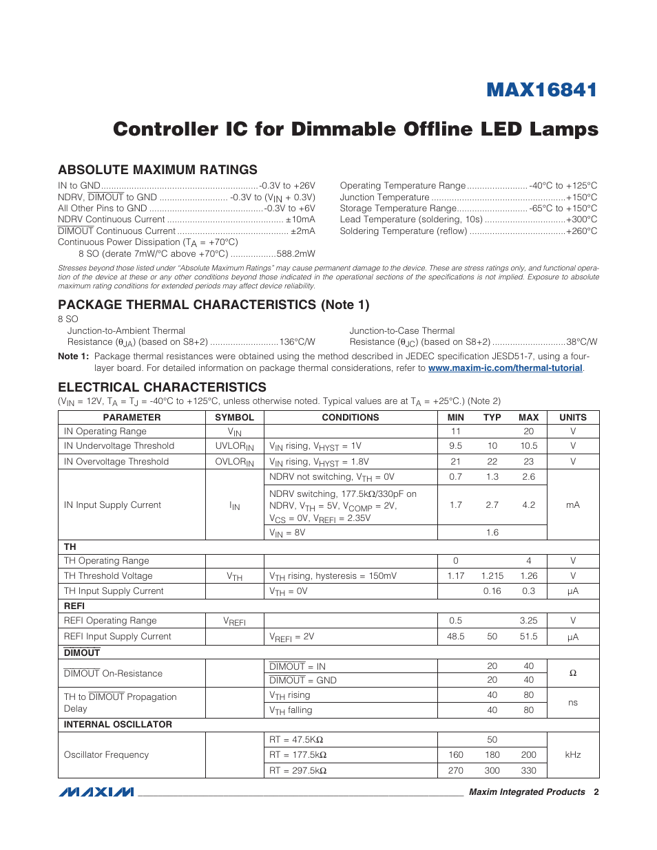 Absolute maximum ratings, Package thermal characteristics, Electrical characteristics | Rainbow Electronics MAX16841 User Manual | Page 2 / 18