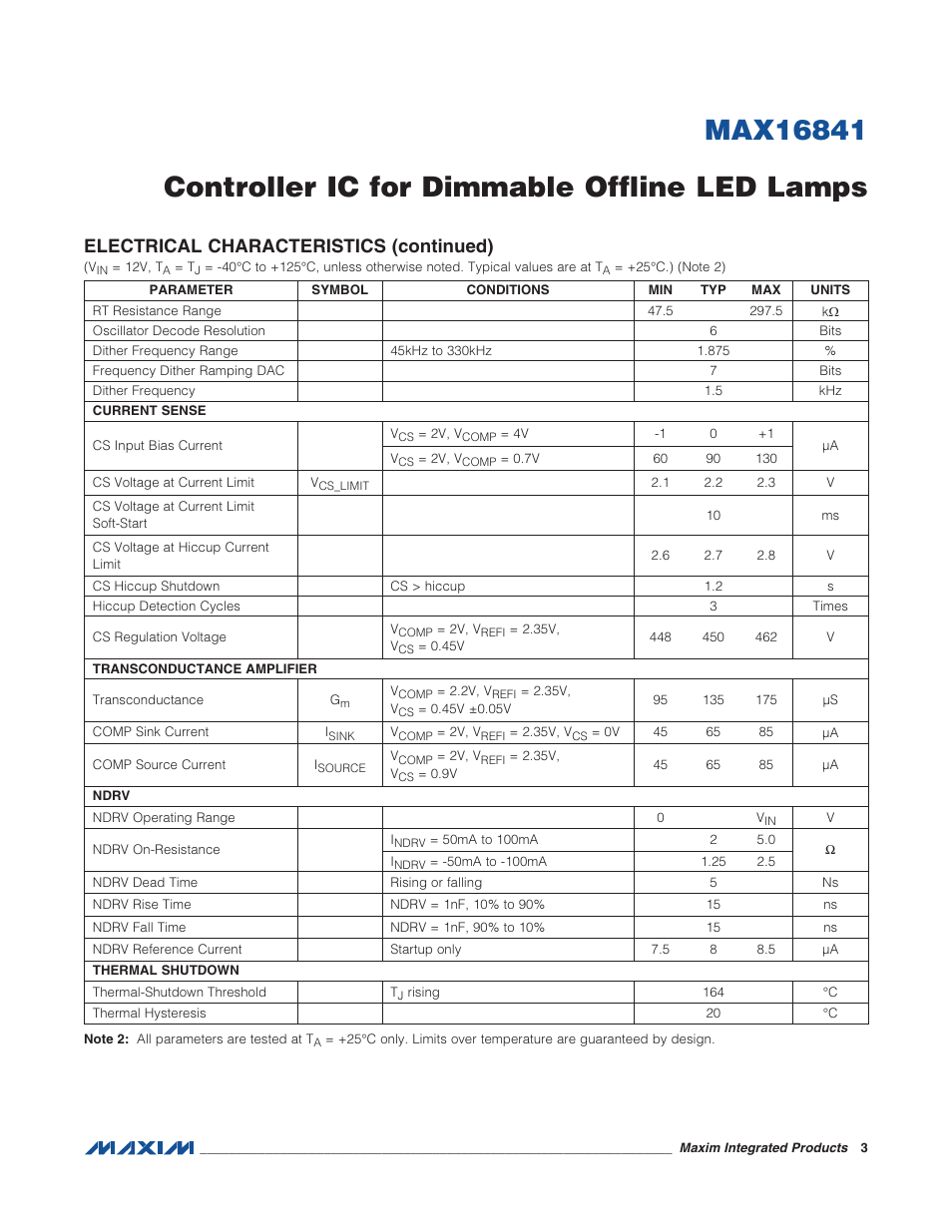 Electrical characteristics (continued) | Rainbow Electronics MAX16841 User Manual | Page 3 / 18