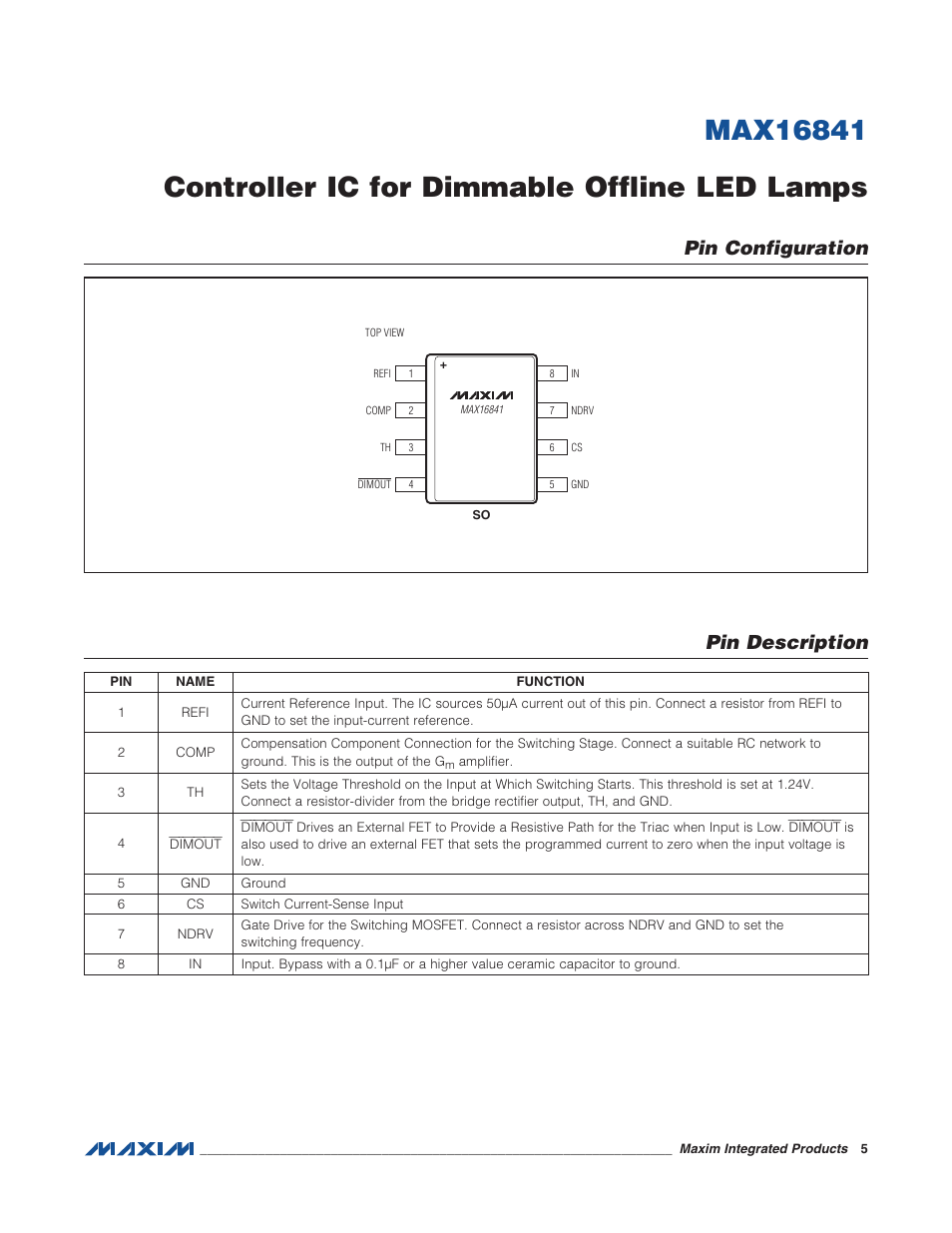 Pin configuration, Pin description, Pin description pin configuration | Rainbow Electronics MAX16841 User Manual | Page 5 / 18