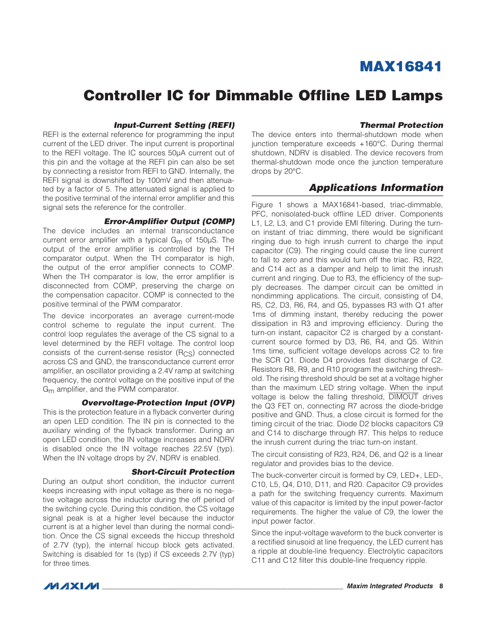 Input-current setting (refi), Error-amplifier output (comp), Overvoltage-protection input (ovp) | Short-circuit protection, Thermal protection, Applications information | Rainbow Electronics MAX16841 User Manual | Page 8 / 18