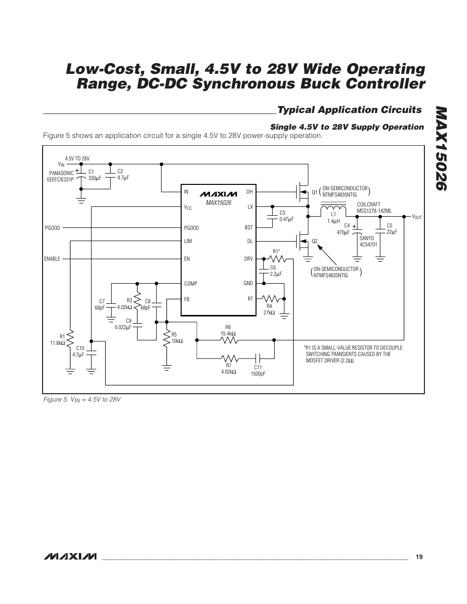 Typical application circuits, Single 4.5v to 28v supply operation | Rainbow Electronics MAX15026 User Manual | Page 19 / 22