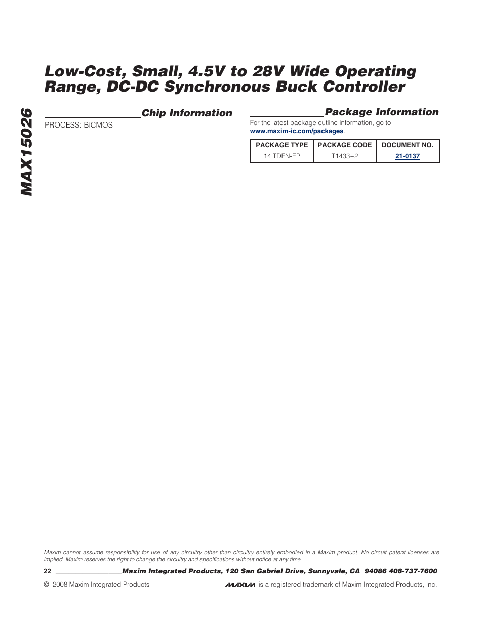 Package information, Chip information | Rainbow Electronics MAX15026 User Manual | Page 22 / 22