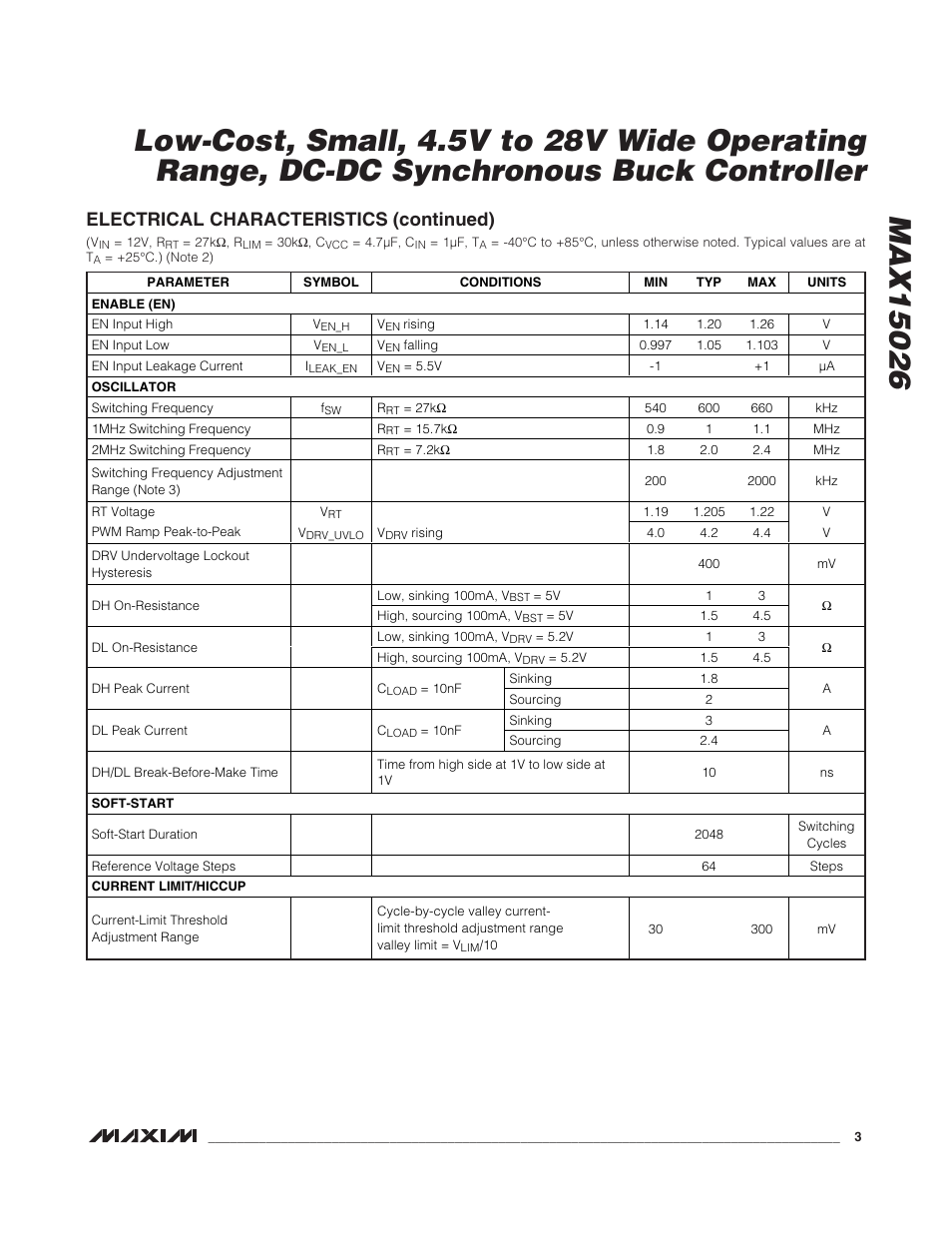 Electrical characteristics (continued) | Rainbow Electronics MAX15026 User Manual | Page 3 / 22