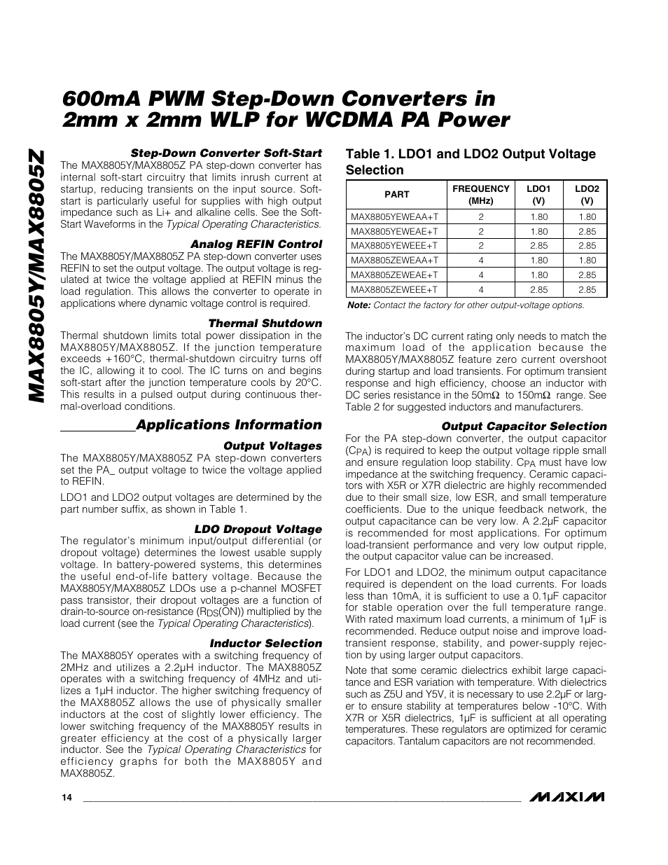 Applications information, Table 1. ldo1 and ldo2 output voltage selection | Rainbow Electronics MAX8805Z User Manual | Page 14 / 21