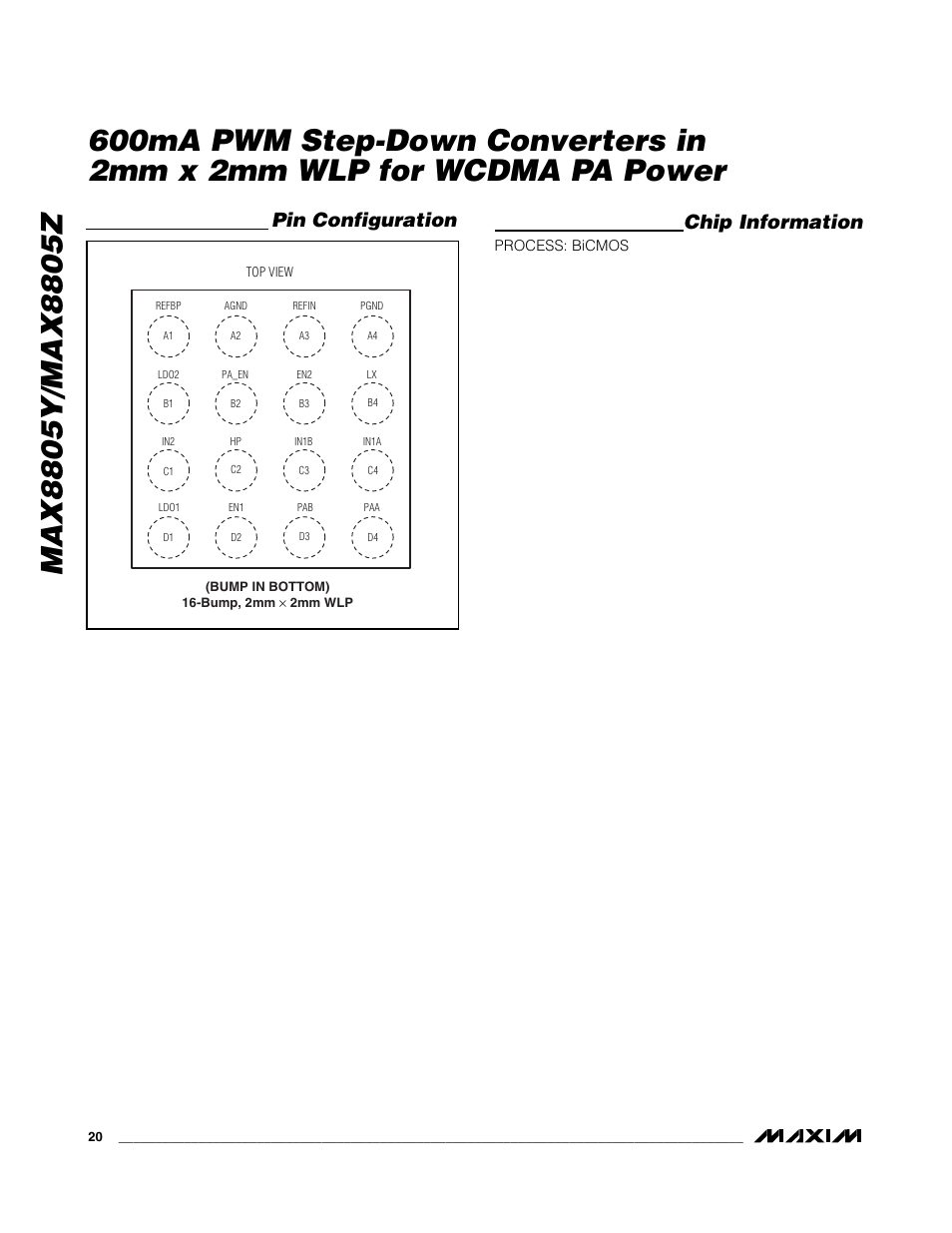 Pin configuration chip information | Rainbow Electronics MAX8805Z User Manual | Page 20 / 21