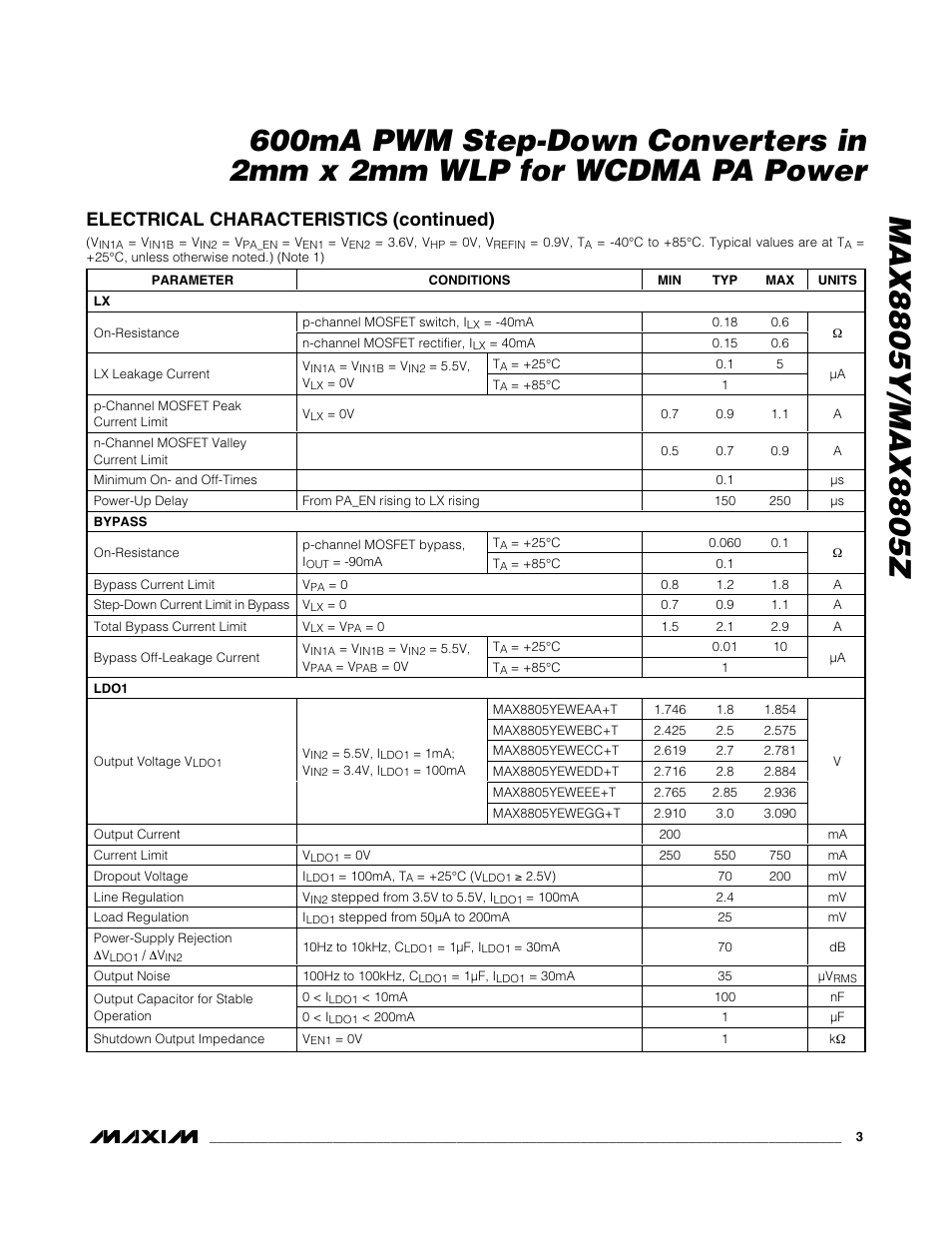 Electrical characteristics (continued) | Rainbow Electronics MAX8805Z User Manual | Page 3 / 21