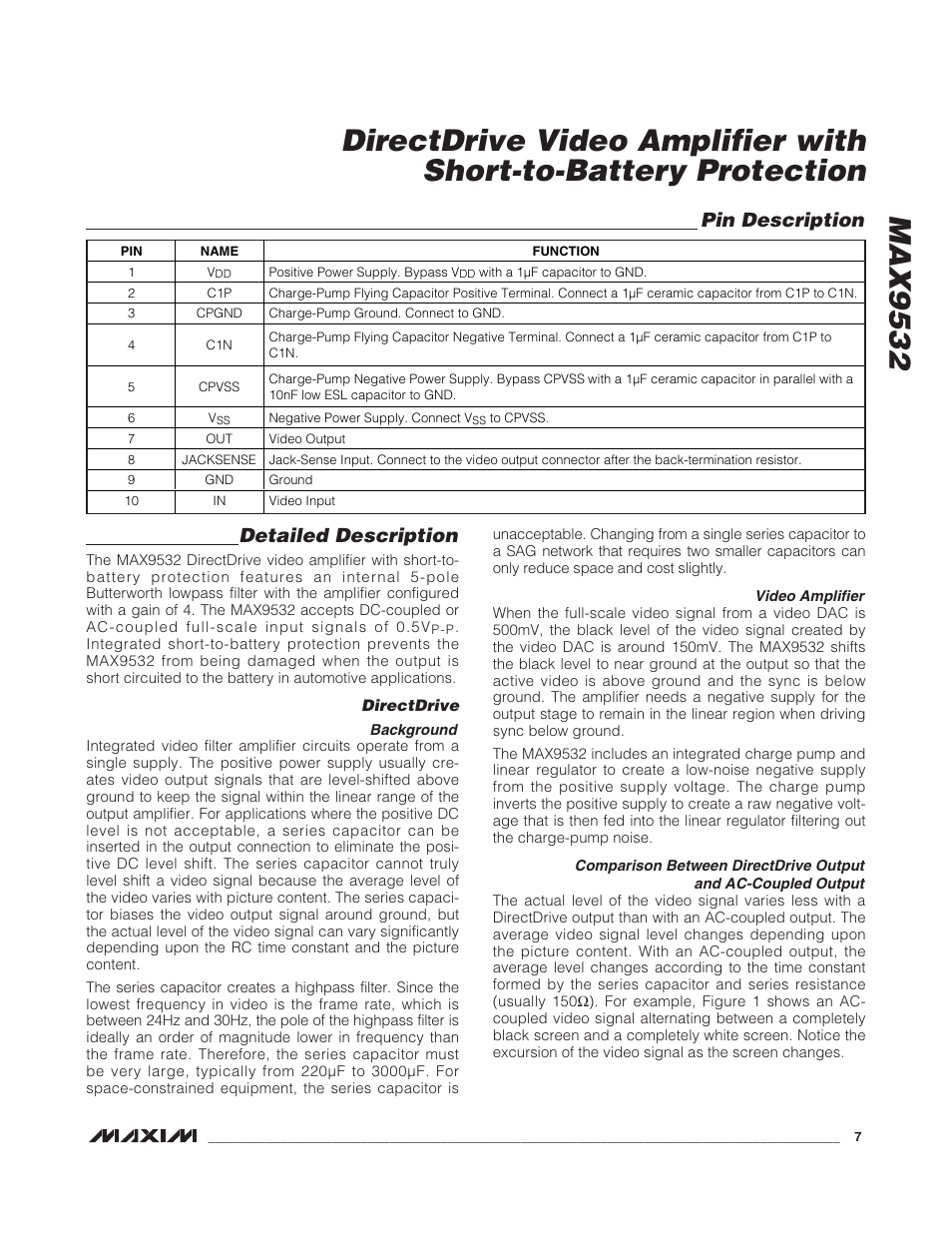 Detailed description, Pin description | Rainbow Electronics MAX9532 User Manual | Page 7 / 12