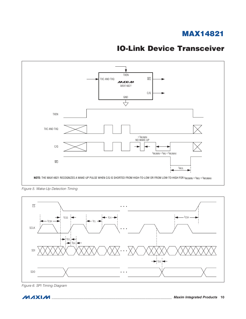 Figure 5. wake-up detection timing, Figure 6. spi timing diagram | Rainbow Electronics MAX14821 User Manual | Page 10 / 29