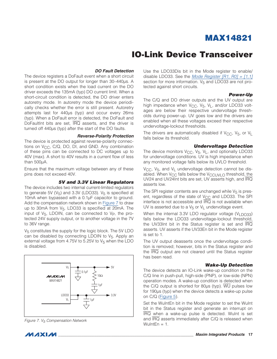 Do fault detection, Reverse-polarity protection, 5v and 3.3v linear regulators | Power-up, Undervoltage detection, Wake-up detection, Figure 7. v5 compensation network | Rainbow Electronics MAX14821 User Manual | Page 17 / 29