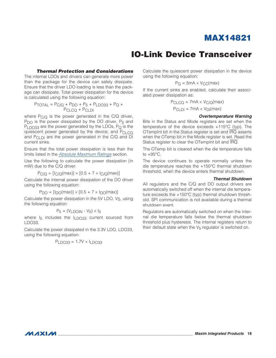 Thermal protection and considerations, Overtemperature warning, Thermal shutdown | Rainbow Electronics MAX14821 User Manual | Page 18 / 29